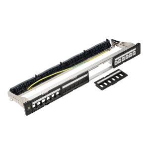 Патч-панель модульная 19", экранированная, на 4 вставки, 1U, с задним органайзером с фиксаторами кабеля