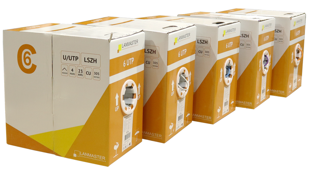 Коробки кабеля LANMASTER U/UTP категории 6 в разных цветах